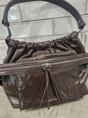 Brown Leather Hobo Bag with Front Zip Pocket